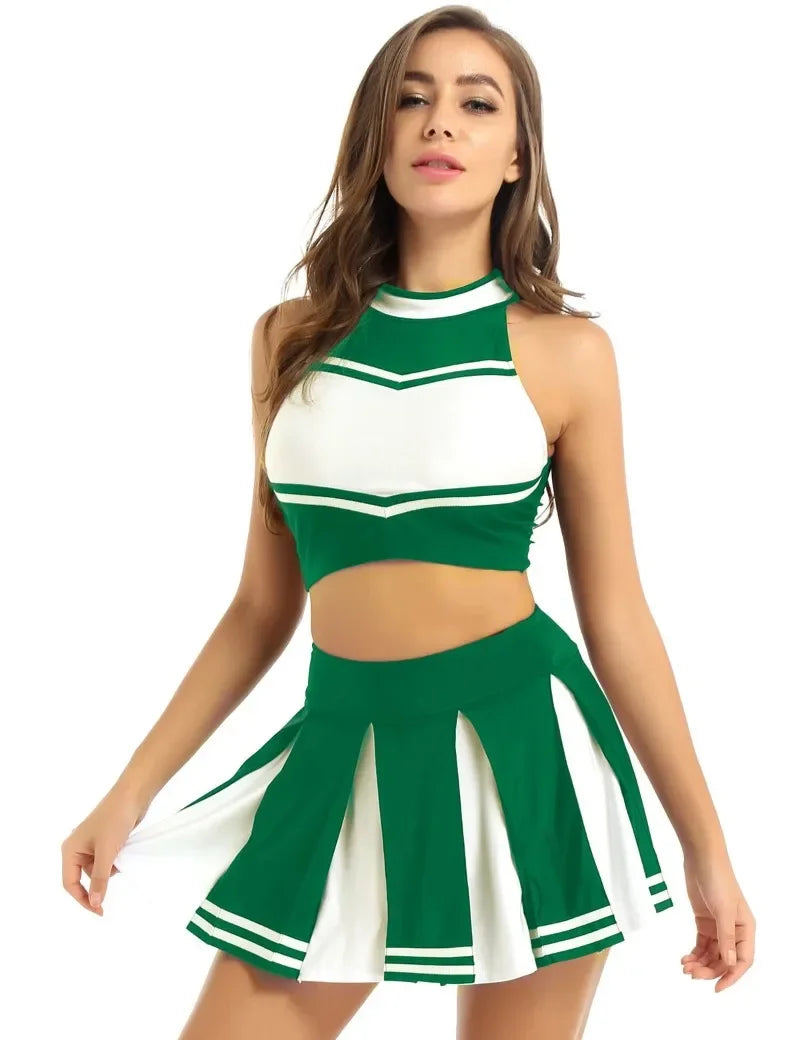 Veylora Carnival Costume 2Pcs Womens Adults Cheerleading Uniform Cosplay Outfit Crop Top with Mini Skirt Halloween Fancy Dress Up Party