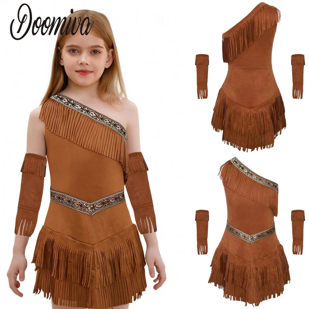 Veylora Girls Indian Indigenous Costumes Halloween Cosplay Dresses Caveman Savage Indians Princess Dress Suede Dress And Tassel Sleeves
