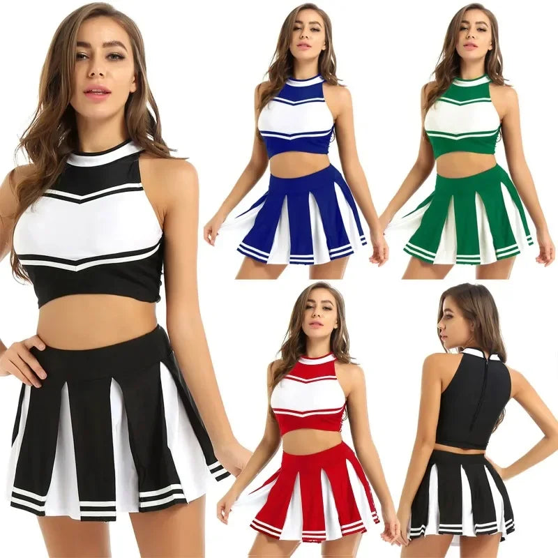 Veylora Carnival Costume 2Pcs Womens Adults Cheerleading Uniform Cosplay Outfit Crop Top with Mini Skirt Halloween Fancy Dress Up Party
