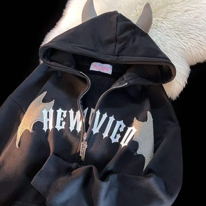 Veylora Hoodies Devil Women Men Dark Style Vintage Harajuku Hoody Zip Up Sweatshirt Hip Hop Streetwear Y2k Aesthetic Grunge Cardigan