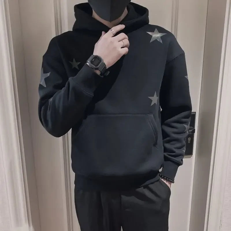 Veylora Hoodies Graphic Sweatshirt for Men Black Hip Hop Male Clothes Loose Luxury Aesthetic Emo 90s Vintage Simple Winter S Warm Hooded