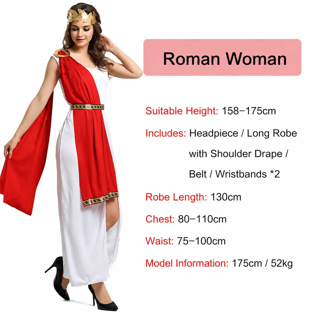 Veylora Roman Greek Costume Adult Men Women Couple Toga White Tunic Red Cape Gold Laurel Wreath Halloween Carnival Cosplay Outfit Set