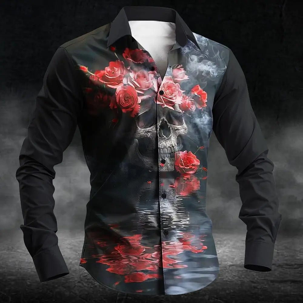 Veylora 2025 Halloween Men's Letter Printed Blood Stains Shirt Button Up Shirt Long Sleeve Dark Punk Gothic Style Streetwear Men's Tops