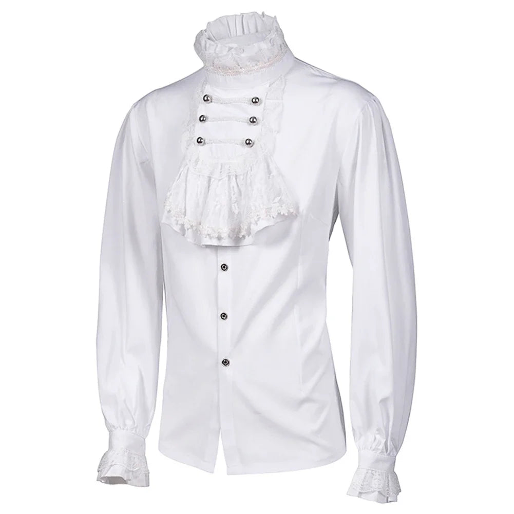 Veylora 2026 Men's Gothic White Shirts And Blouses Tops Retro Victorian Medieval Lace Ruffles Stand Collar Puff Sleeve Shirt Clothing