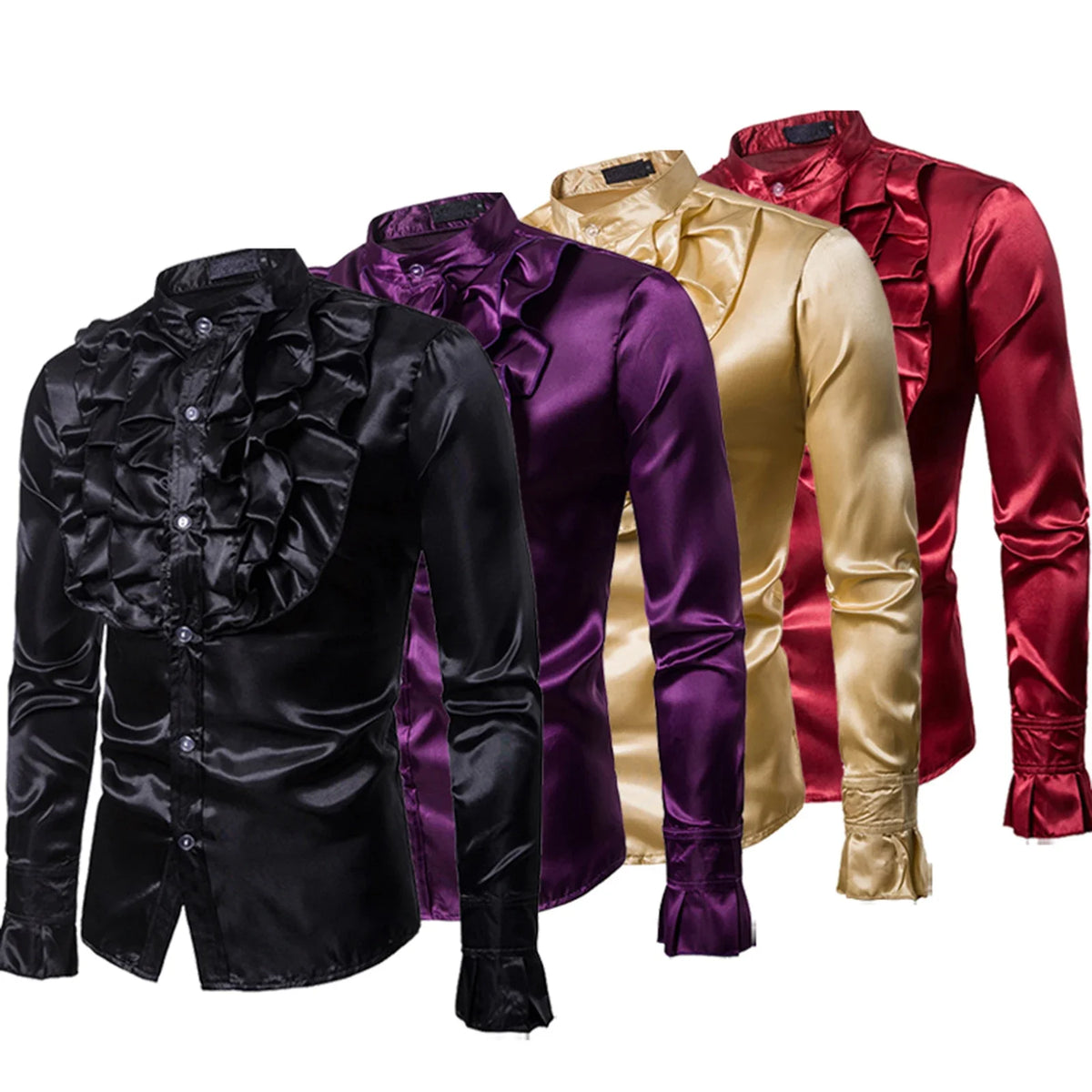Veylora Vintage 70s Frill Ruffle Dress Shirt For Men Vicotorian Costume Top Gothic Punk Retro Tee Faxu Silk Cravat Shirt Halloween