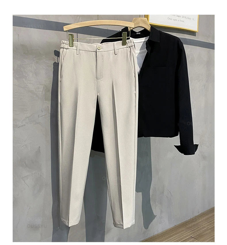 Veylora Summer Men's Casual Pants Suit Pant Slim Fit Work Elastic Waist Thin Jogging Business Trousers Male Black Grey Plus Size 40