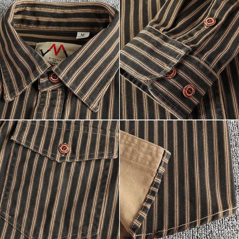 Veylora 2025 Autumn And Winter New American Retro Stripe Long-Sleeve Lapel Shirt Men's Simple Fashion Washed Multi-pocket Casual Blouses