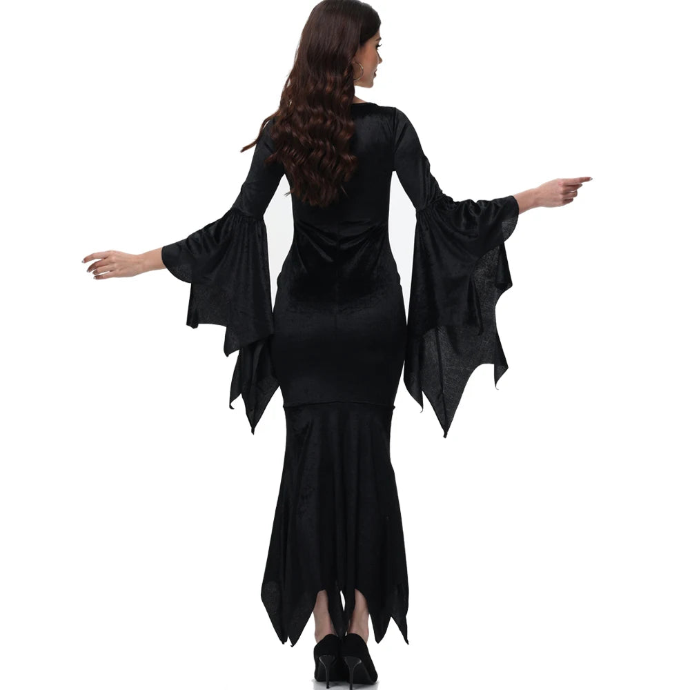 Veylora Halloween Morticia Adams Primate Costume Black Adams Family Dress Retro Gothic Flared Sleeve Fishtail Dress Vestido Party Outfit