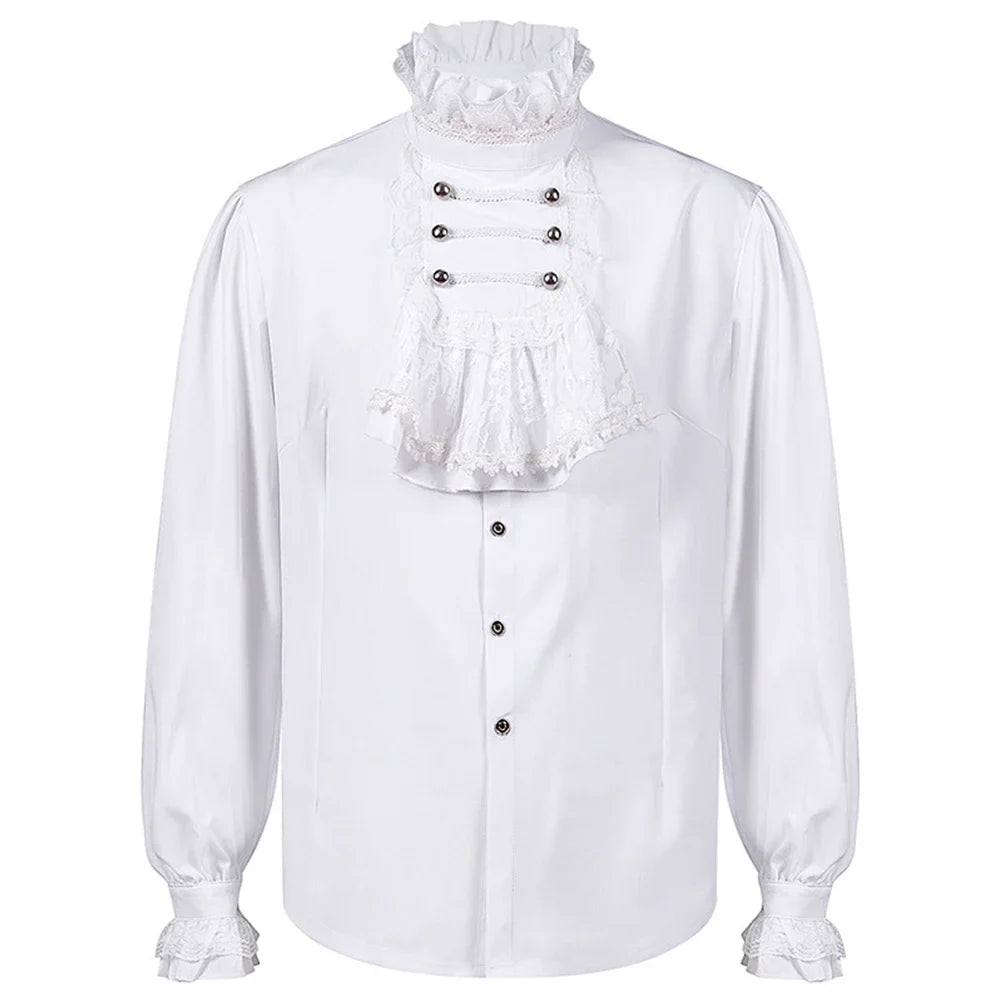 Veylora 2026 Men's Gothic White Shirts And Blouses Tops Retro Victorian Medieval Lace Ruffles Stand Collar Puff Sleeve Shirt Clothing