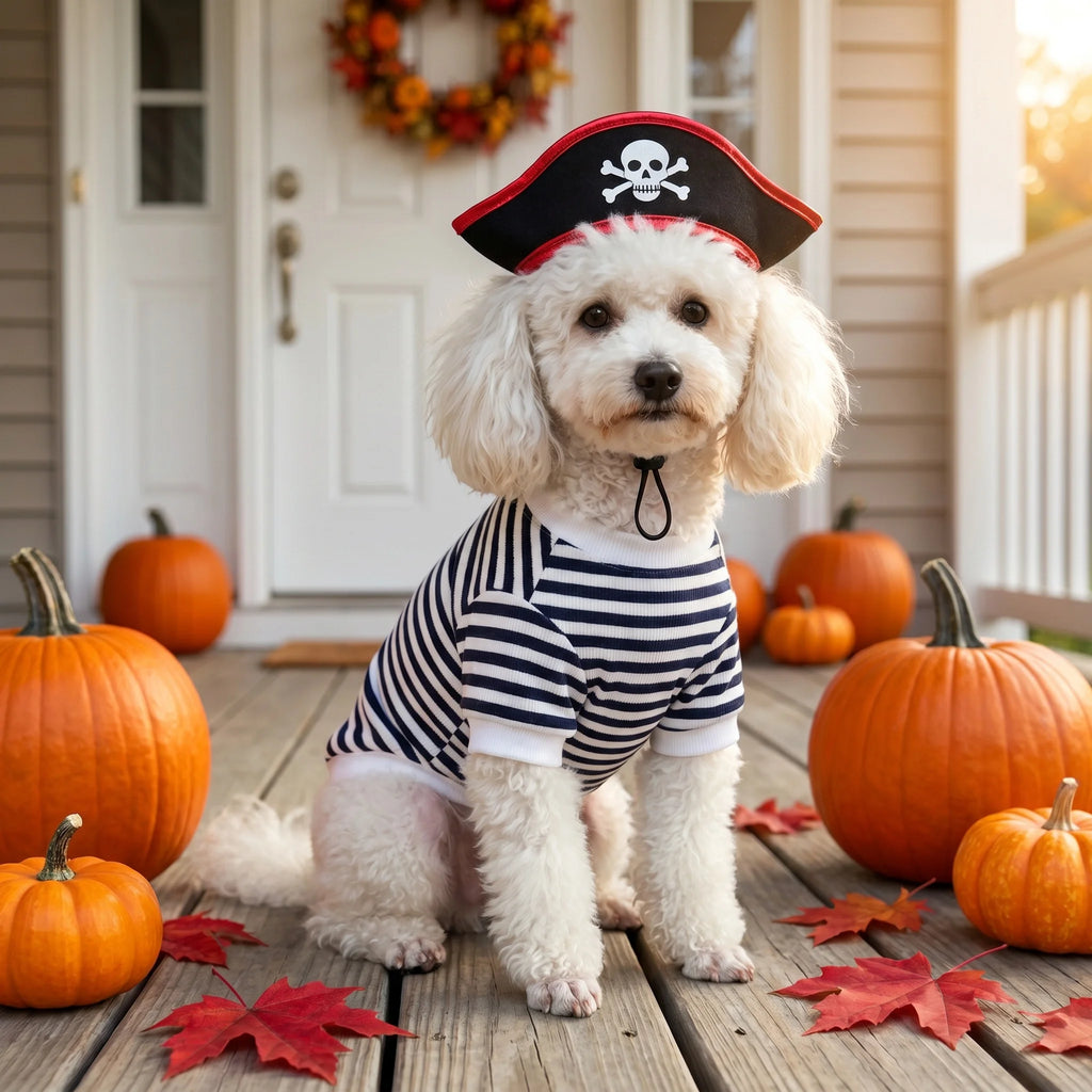 Veylora Halloween Pirate Pet Costume Set with Skull Hat Black White Striped Dog Cat Shirt Sweatshirt Spooky Cosplay Party Apparel Outfit