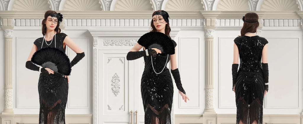 Veylora 1920s Dresses for Women Flapper Dress Lace Fan Feather Headband Sequins Beads Fringes 20s Accessories Vintage Mafia Costume