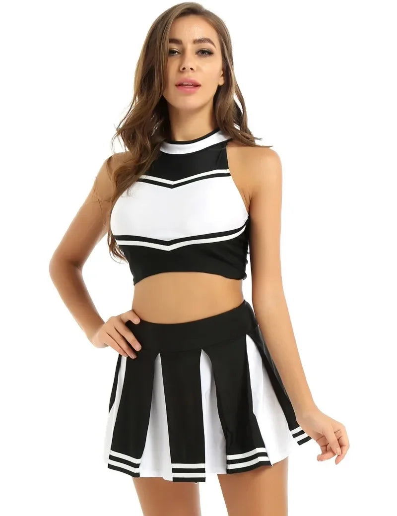 Veylora Carnival Costume 2Pcs Womens Adults Cheerleading Uniform Cosplay Outfit Crop Top with Mini Skirt Halloween Fancy Dress Up Party