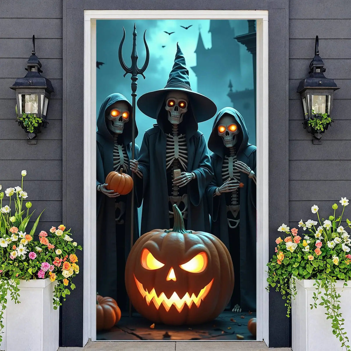 Veylora Halloween Decorations Door Cover Spooky Design Halloween Eerie Skeleton Gothic Jack O Lantern for Halloween Party Horror Decor