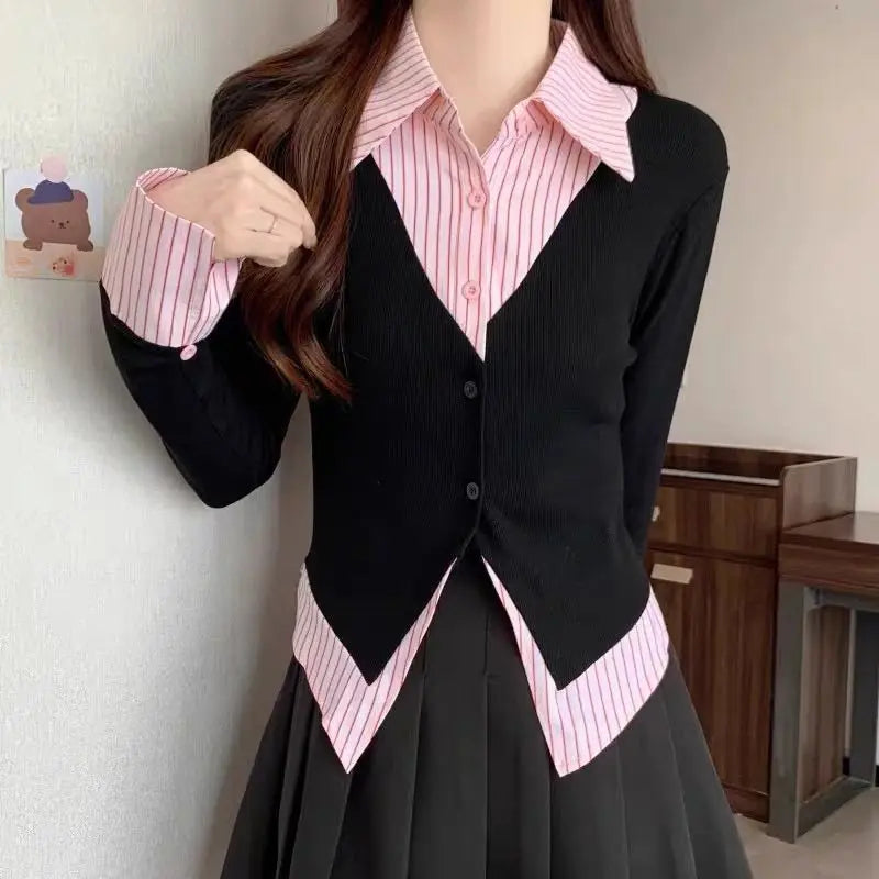 Veylora Striped Shirts & Blouses For Women Basic Modern Long Youthful Clothes Cute And Elegant New 2025 Aesthetic Plus Size Woman Top