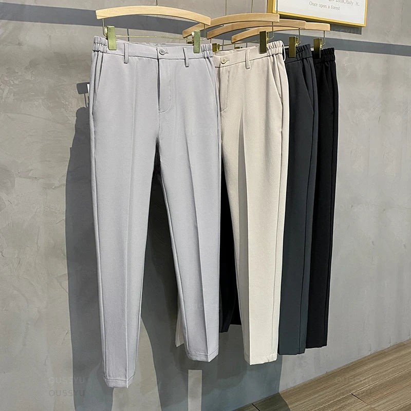 Veylora Summer Men's Casual Pants Suit Pant Slim Fit Work Elastic Waist Thin Jogging Business Trousers Male Black Grey Plus Size 40