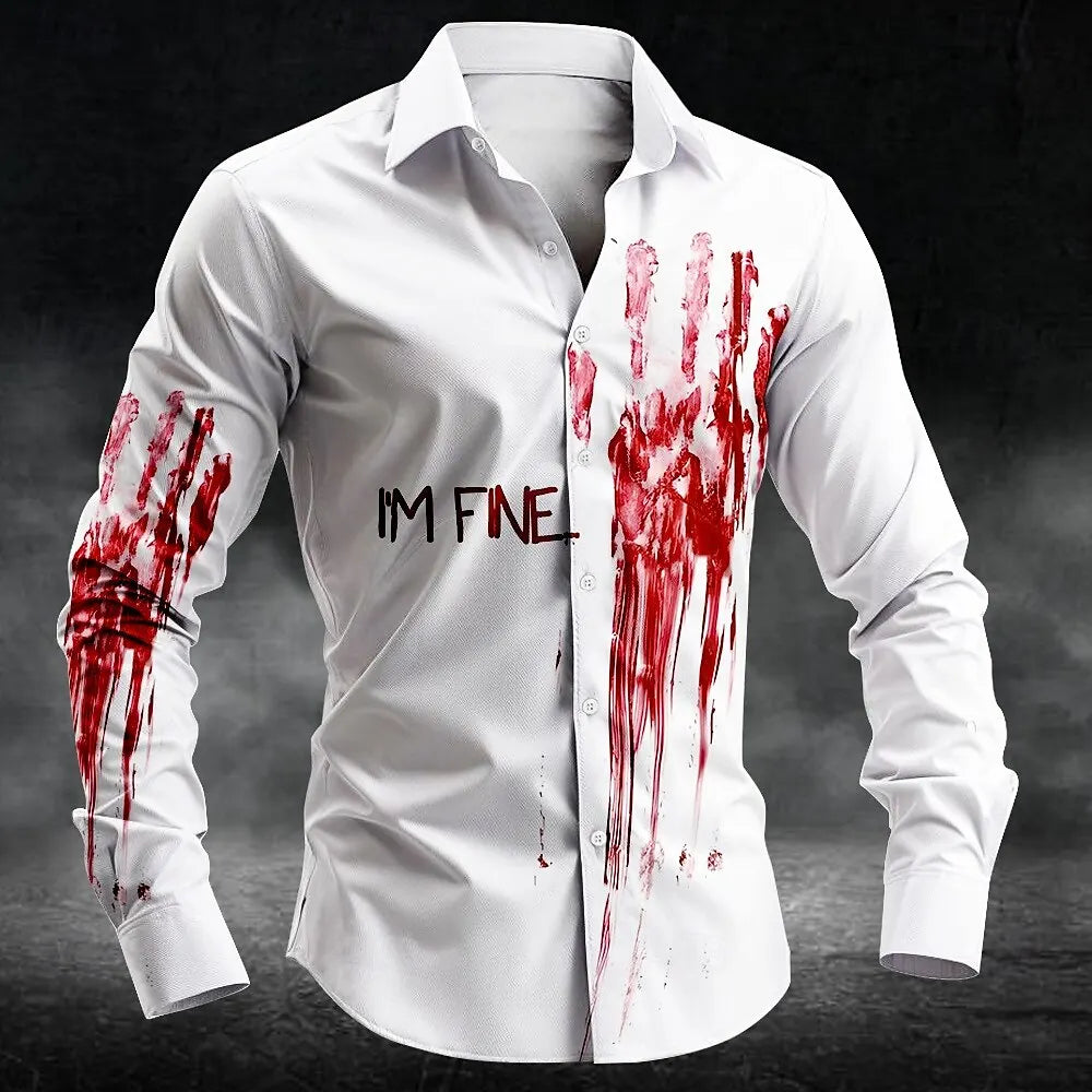 Veylora 2025 Halloween Men's Letter Printed Blood Stains Shirt Button Up Shirt Long Sleeve Dark Punk Gothic Style Streetwear Men's Tops
