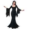 Veylora Halloween Morticia Adams Primate Costume Black Adams Family Dress Retro Gothic Flared Sleeve Fishtail Dress Vestido Party Outfit