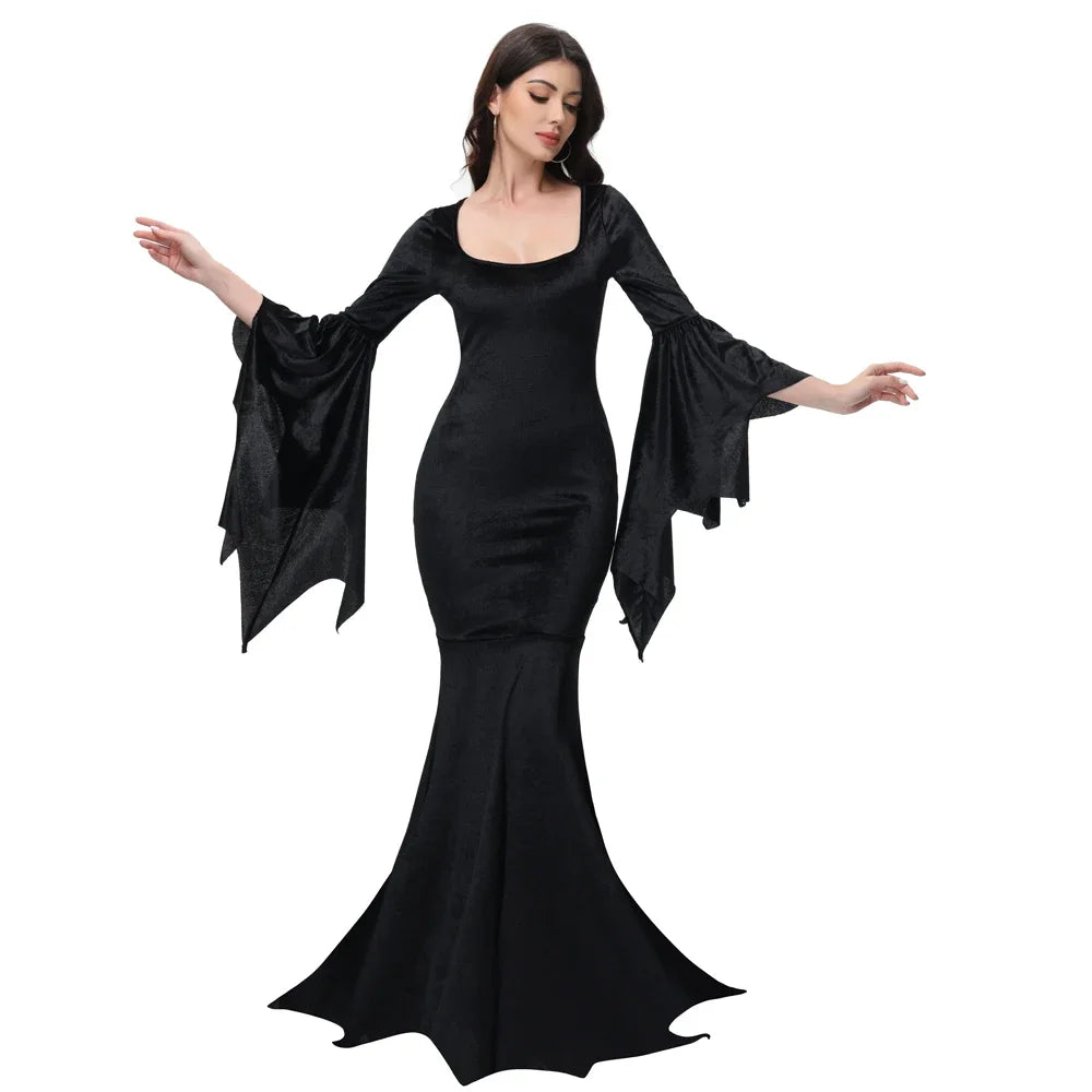 Veylora Halloween Morticia Adams Primate Costume Black Adams Family Dress Retro Gothic Flared Sleeve Fishtail Dress Vestido Party Outfit