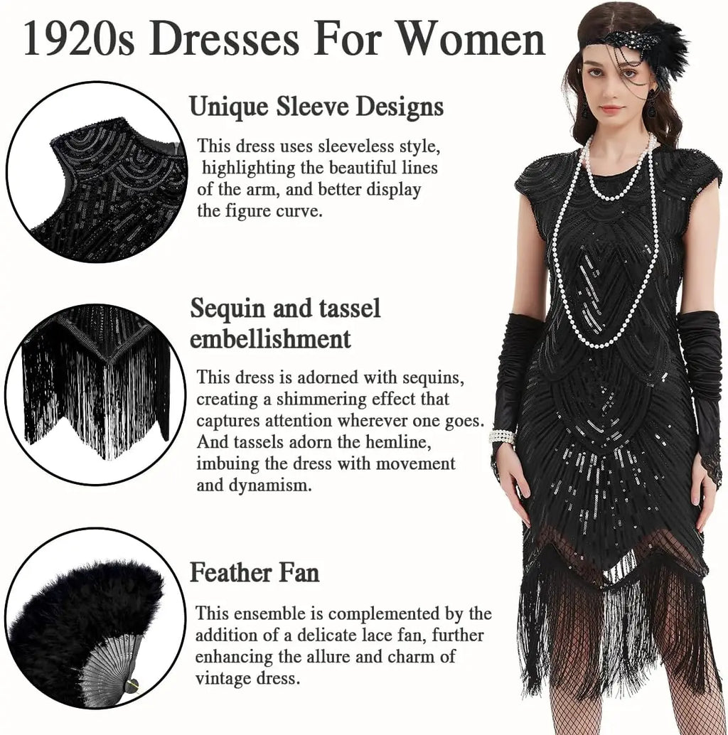 Veylora 1920s Dresses for Women Flapper Dress Lace Fan Feather Headband Sequins Beads Fringes 20s Accessories Vintage Mafia Costume
