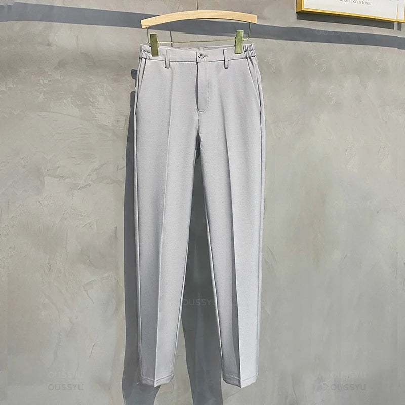 Veylora Summer Men's Casual Pants Suit Pant Slim Fit Work Elastic Waist Thin Jogging Business Trousers Male Black Grey Plus Size 40
