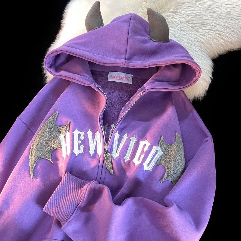 Veylora Hoodies Devil Women Men Dark Style Vintage Harajuku Hoody Zip Up Sweatshirt Hip Hop Streetwear Y2k Aesthetic Grunge Cardigan