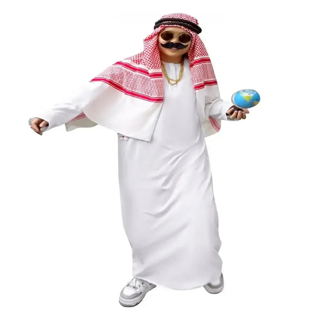 Veylora Arabian Dubai Costume Uae Sheik Cosplay White Robe Headscarf for Wealthy Saudi Birthday Costume Halloween Rich Man Outfit Polyes