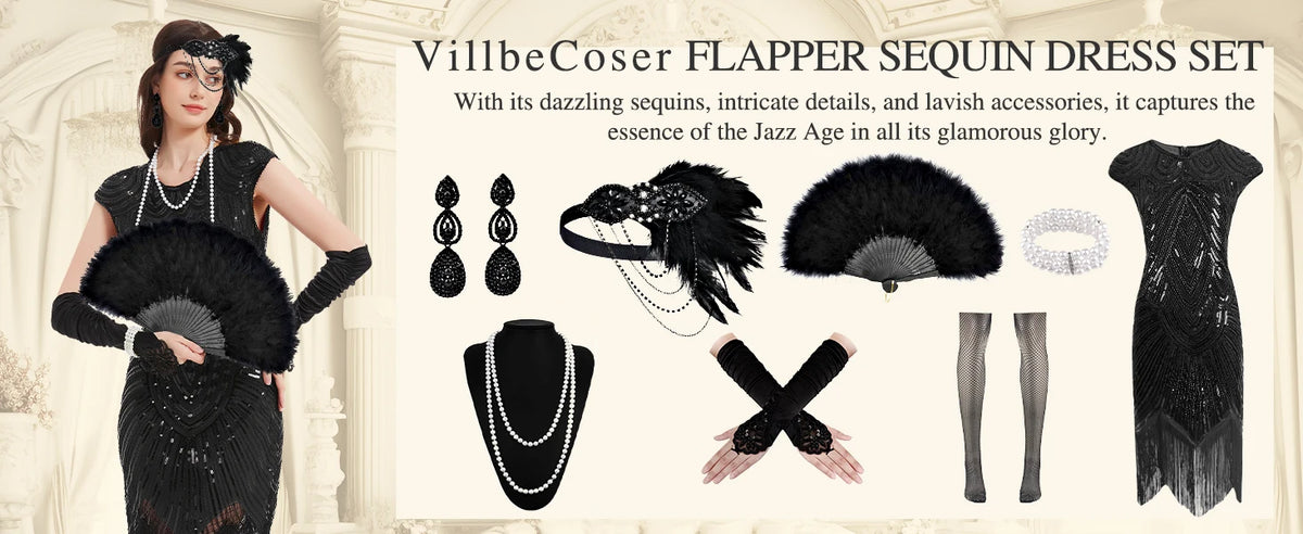 Veylora 1920s Dresses for Women Flapper Dress Lace Fan Feather Headband Sequins Beads Fringes 20s Accessories Vintage Mafia Costume