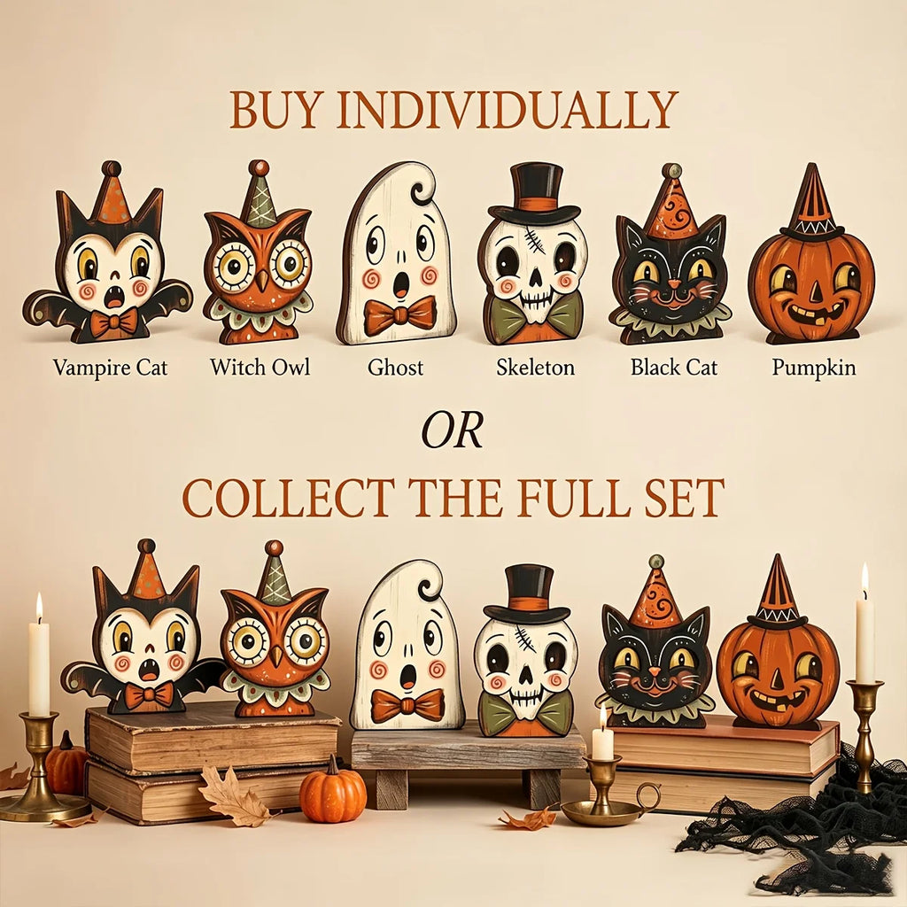 Veylora Halloween Decor Indoor,Retro Wooden Block for Shelf Decoration,Cute Ghost,Pumpkin,Black Cat,Skeleton,Witch Owl,Housewarming Gift
