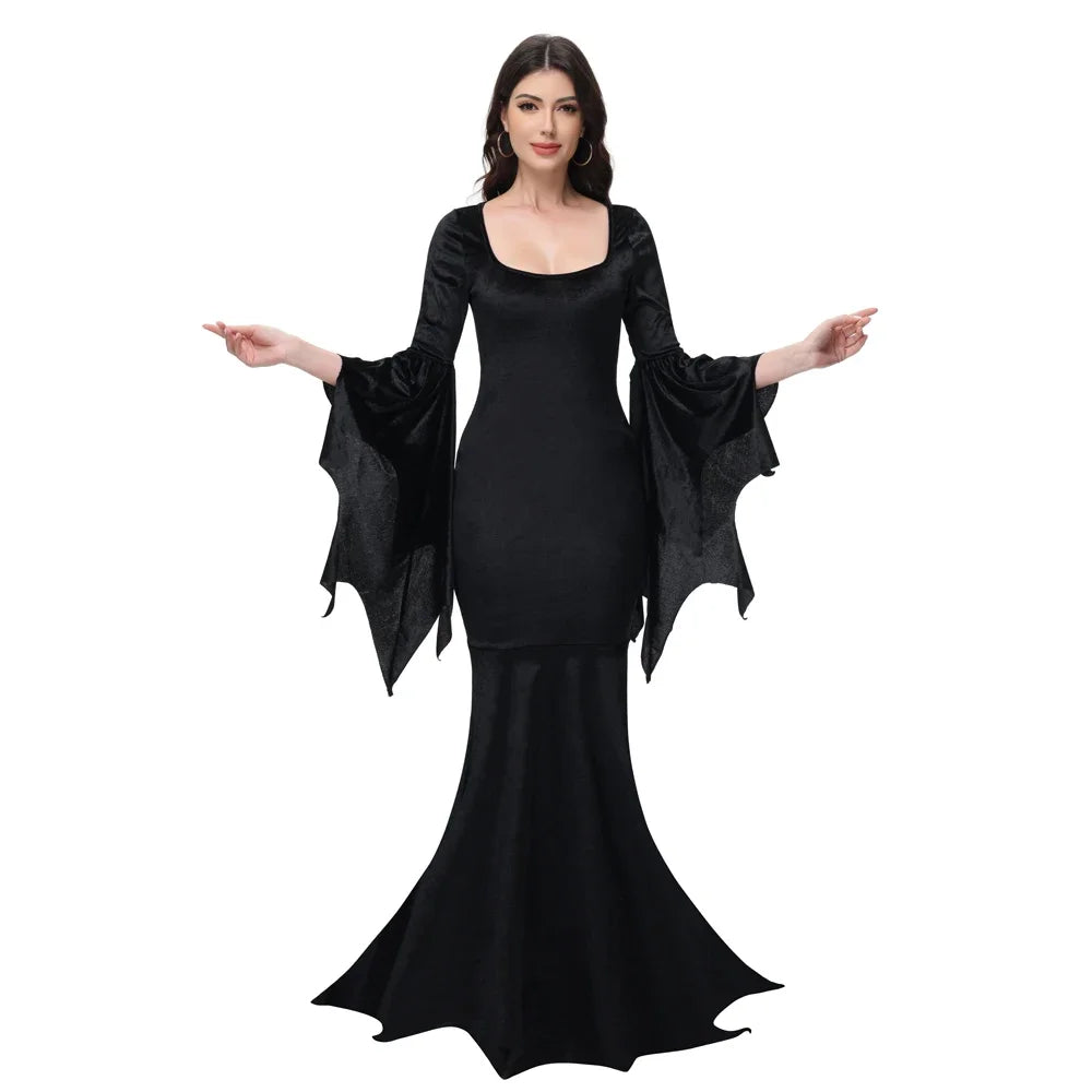 Veylora Halloween Morticia Adams Primate Costume Black Adams Family Dress Retro Gothic Flared Sleeve Fishtail Dress Vestido Party Outfit