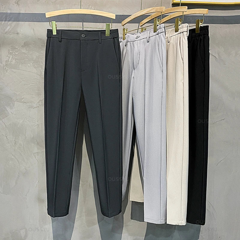 Veylora Summer Men's Casual Pants Suit Pant Slim Fit Work Elastic Waist Thin Jogging Business Trousers Male Black Grey Plus Size 40