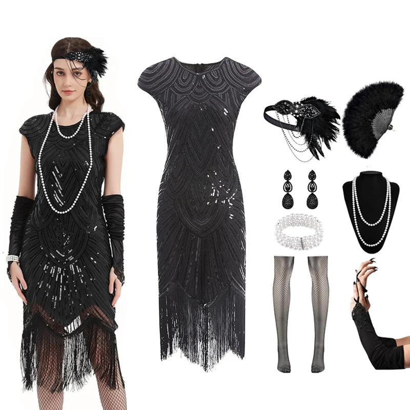 Veylora 1920s Dresses for Women Flapper Dress Lace Fan Feather Headband Sequins Beads Fringes 20s Accessories Vintage Mafia Costume