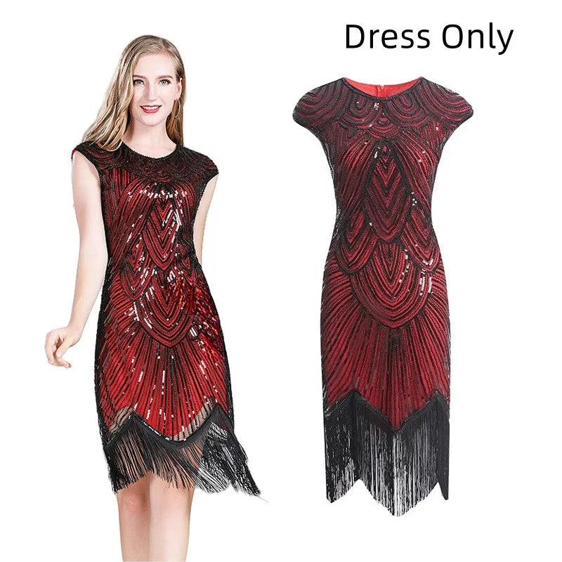 Veylora 1920s Dresses for Women Flapper Dress Lace Fan Feather Headband Sequins Beads Fringes 20s Accessories Vintage Mafia Costume
