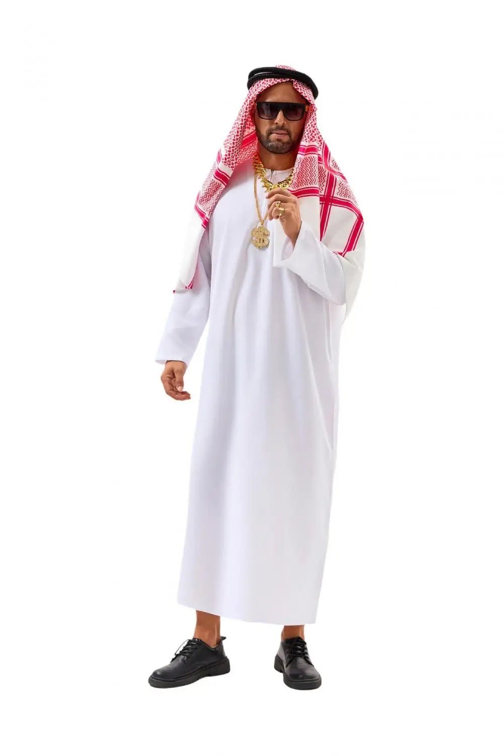 Veylora Arabian Dubai Costume Uae Sheik Cosplay White Robe Headscarf for Wealthy Saudi Birthday Costume Halloween Rich Man Outfit Polyes