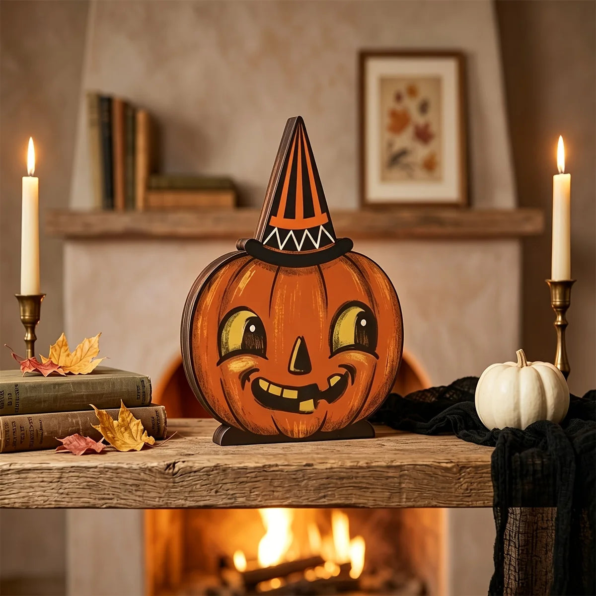 Veylora Halloween Decor Indoor,Retro Wooden Block for Shelf Decoration,Cute Ghost,Pumpkin,Black Cat,Skeleton,Witch Owl,Housewarming Gift