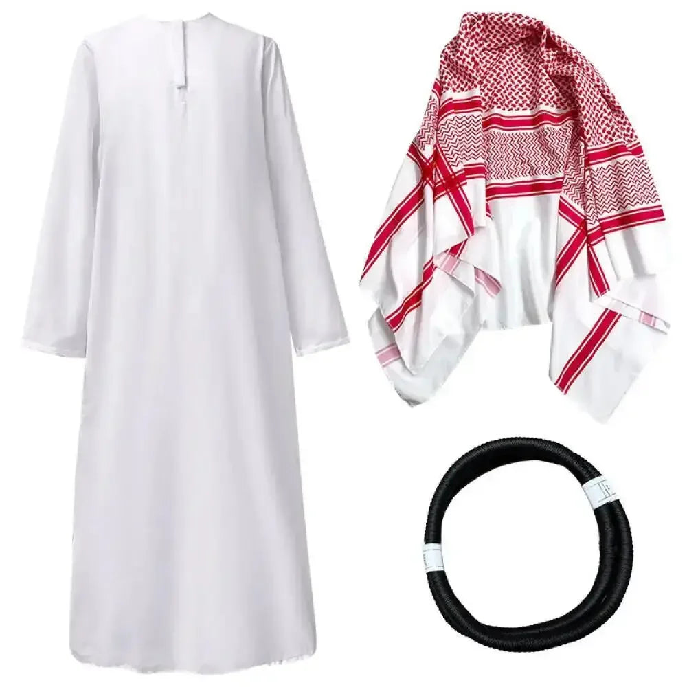 Veylora Arabian Dubai Costume Uae Sheik Cosplay White Robe Headscarf for Wealthy Saudi Birthday Costume Halloween Rich Man Outfit Polyes