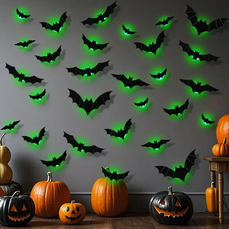 Veylora Halloween Decorations  3D LED Lighted Bats with Purple Green Lights, Waterproof Window Stickers for Indoor Outdoor Scary Decor
