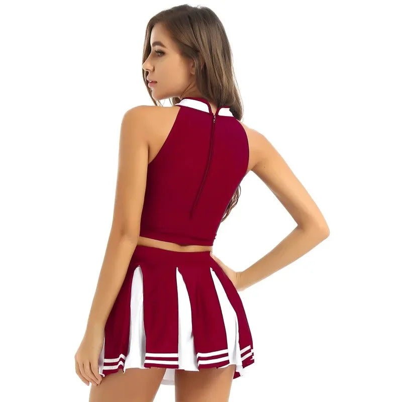 Veylora Carnival Costume 2Pcs Womens Adults Cheerleading Uniform Cosplay Outfit Crop Top with Mini Skirt Halloween Fancy Dress Up Party