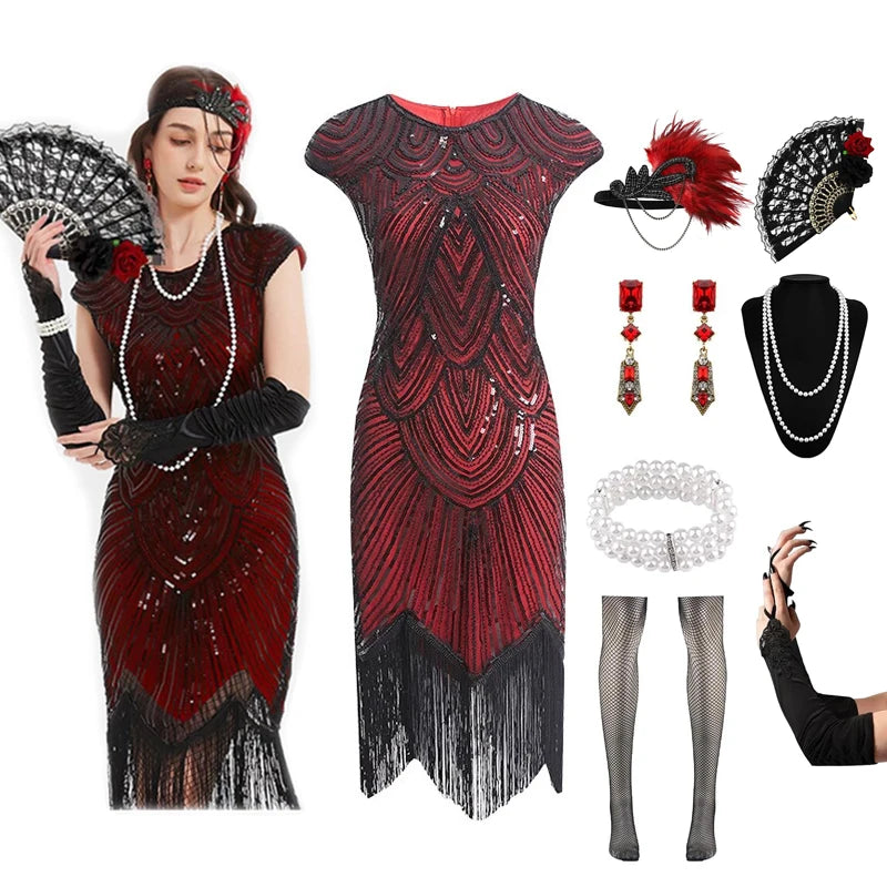 Veylora 1920s Dresses for Women Flapper Dress Lace Fan Feather Headband Sequins Beads Fringes 20s Accessories Vintage Mafia Costume