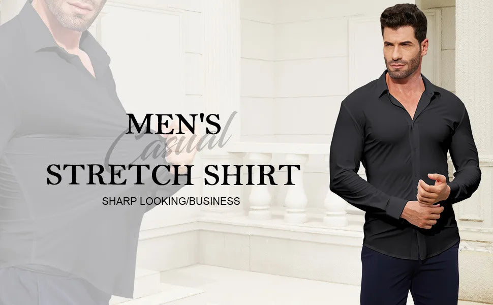 Veylora 100KG Non-Iron Four-way High Stretch Men's Long Sleeve Shirt Silky Soft Sommth Blue Black Business Party Wedding Male Clothing