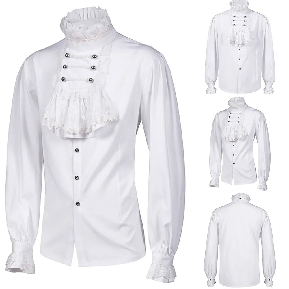 Veylora 2026 Men's Gothic White Shirts And Blouses Tops Retro Victorian Medieval Lace Ruffles Stand Collar Puff Sleeve Shirt Clothing