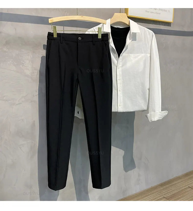 Veylora Summer Men's Casual Pants Suit Pant Slim Fit Work Elastic Waist Thin Jogging Business Trousers Male Black Grey Plus Size 40