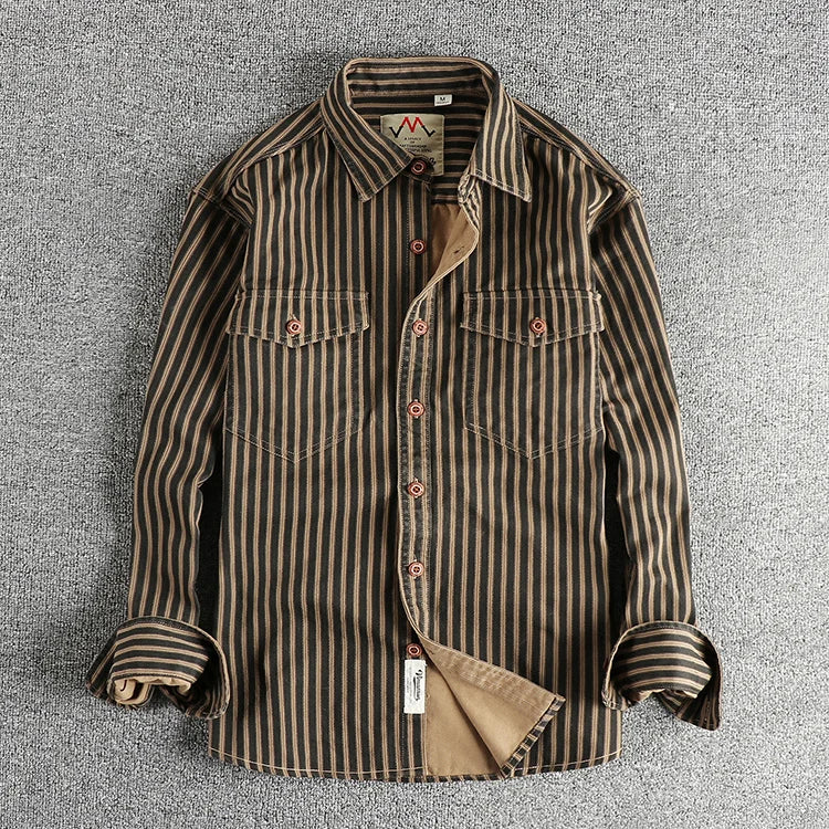 Veylora 2025 Autumn And Winter New American Retro Stripe Long-Sleeve Lapel Shirt Men's Simple Fashion Washed Multi-pocket Casual Blouses