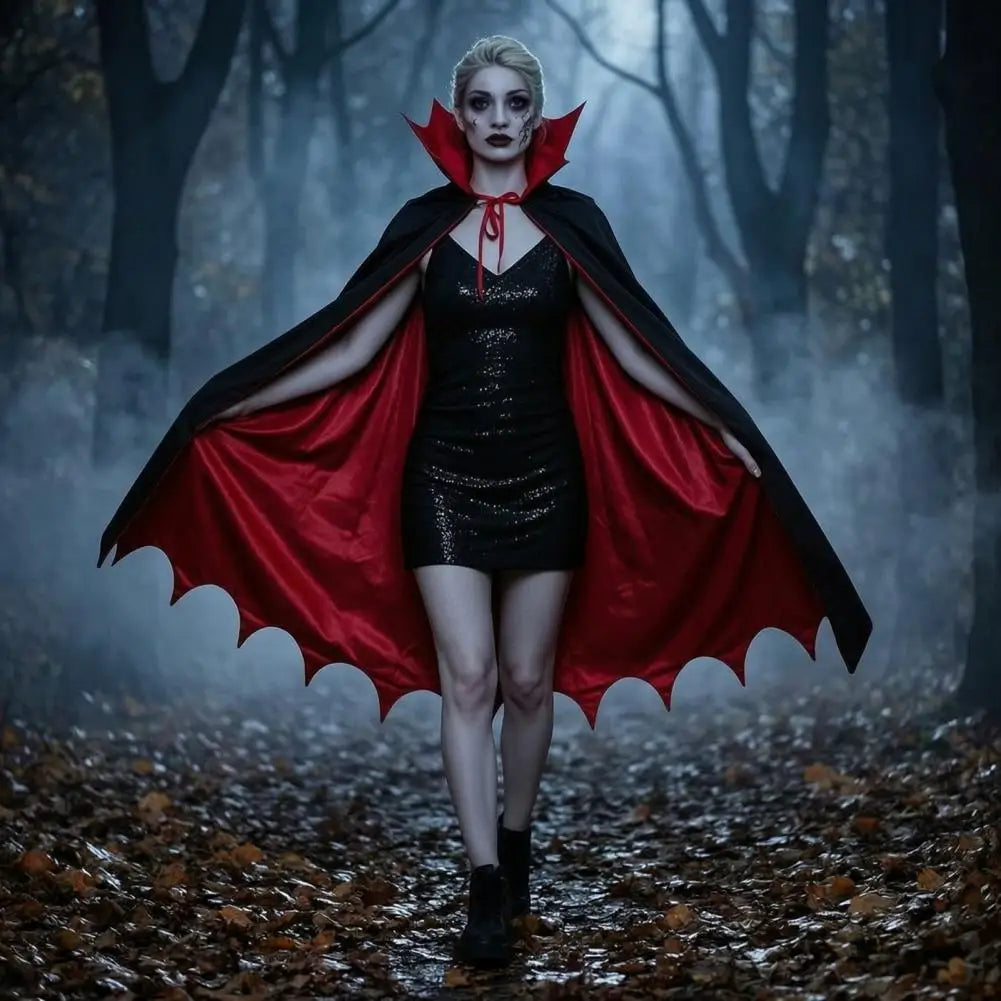 Veylora Vampire Costume Cloak with Stand Up Collar Medieval Gothic Black Red Cape for Halloween Cosplay, Masquerade, Fancy Dance