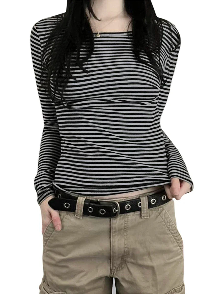 Veylora Long Sleeve Shirts for Women Fashion Casual Basic Crew Neck Striped Slim Fit T-shirt Going Out Blouses Y2K Vintage Tight Shirts