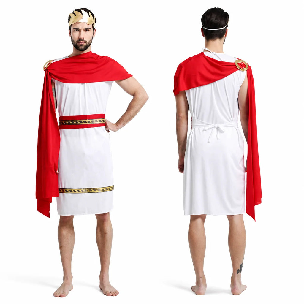 Veylora Roman Greek Costume Adult Men Women Couple Toga White Tunic Red Cape Gold Laurel Wreath Halloween Carnival Cosplay Outfit Set
