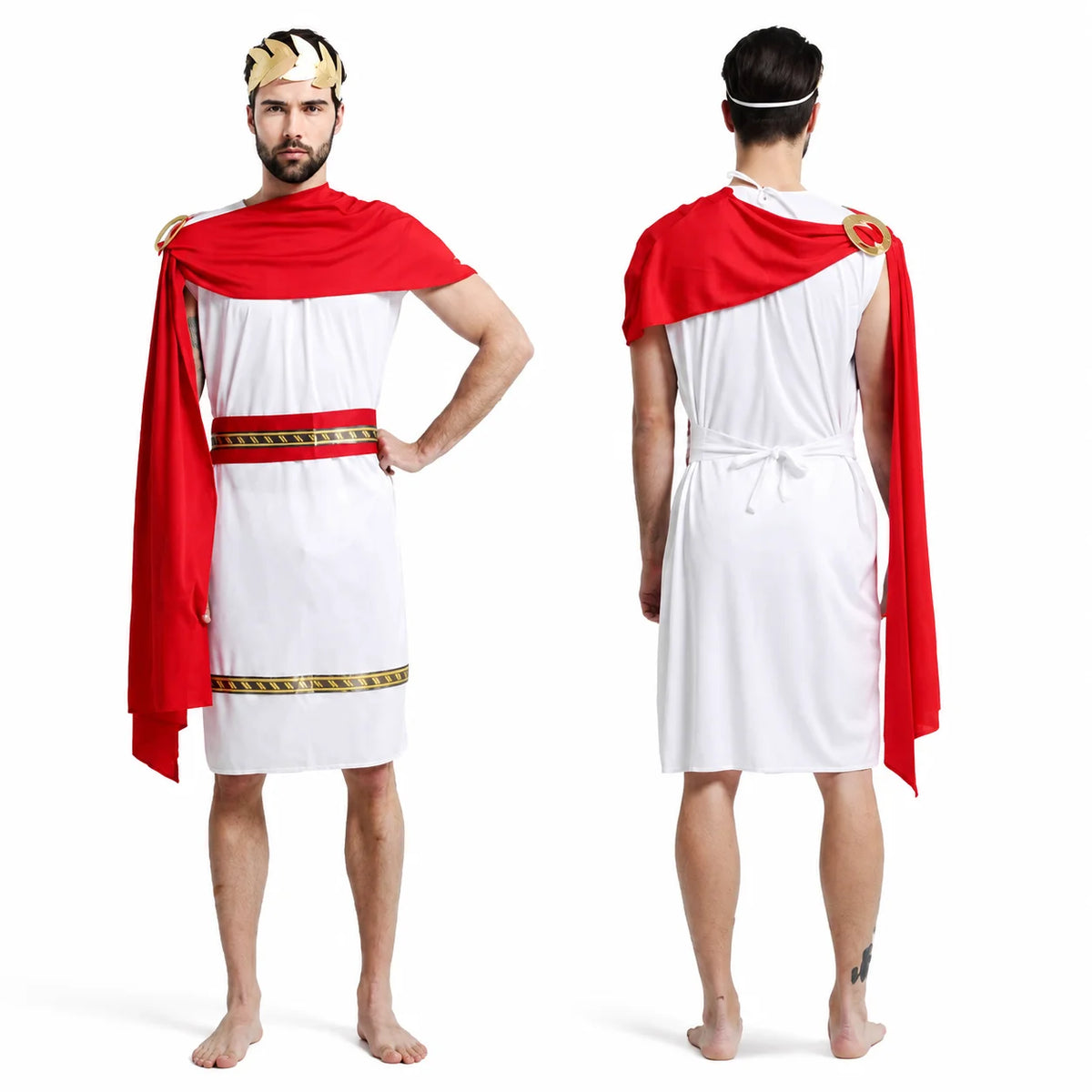 Veylora Roman Greek Costume Adult Men Women Couple Toga White Tunic Red Cape Gold Laurel Wreath Halloween Carnival Cosplay Outfit Set