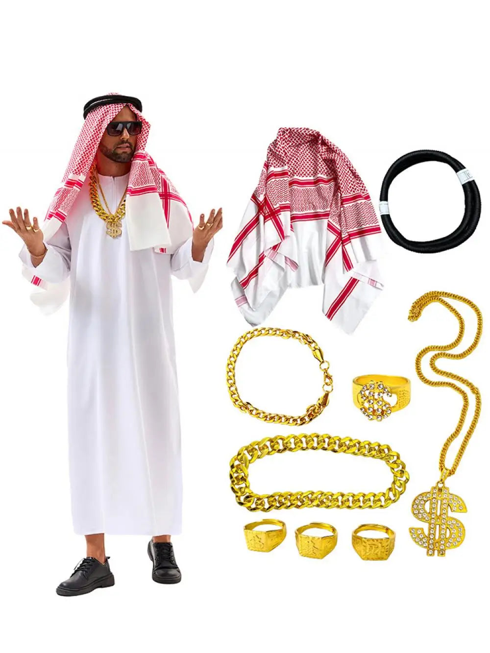 Veylora Arabian Dubai Costume Uae Sheik Cosplay White Robe Headscarf for Wealthy Saudi Birthday Costume Halloween Rich Man Outfit Polyes