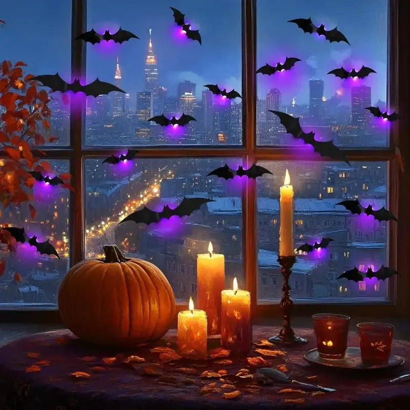 Veylora Halloween Decorations  3D LED Lighted Bats with Purple Green Lights, Waterproof Window Stickers for Indoor Outdoor Scary Decor