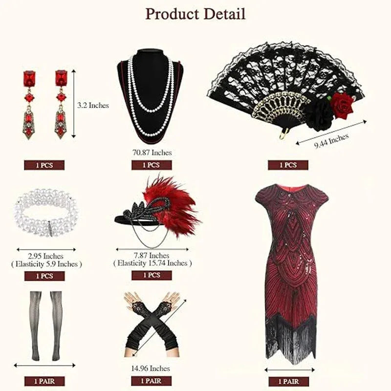 Veylora 1920s Dresses for Women Flapper Dress Lace Fan Feather Headband Sequins Beads Fringes 20s Accessories Vintage Mafia Costume