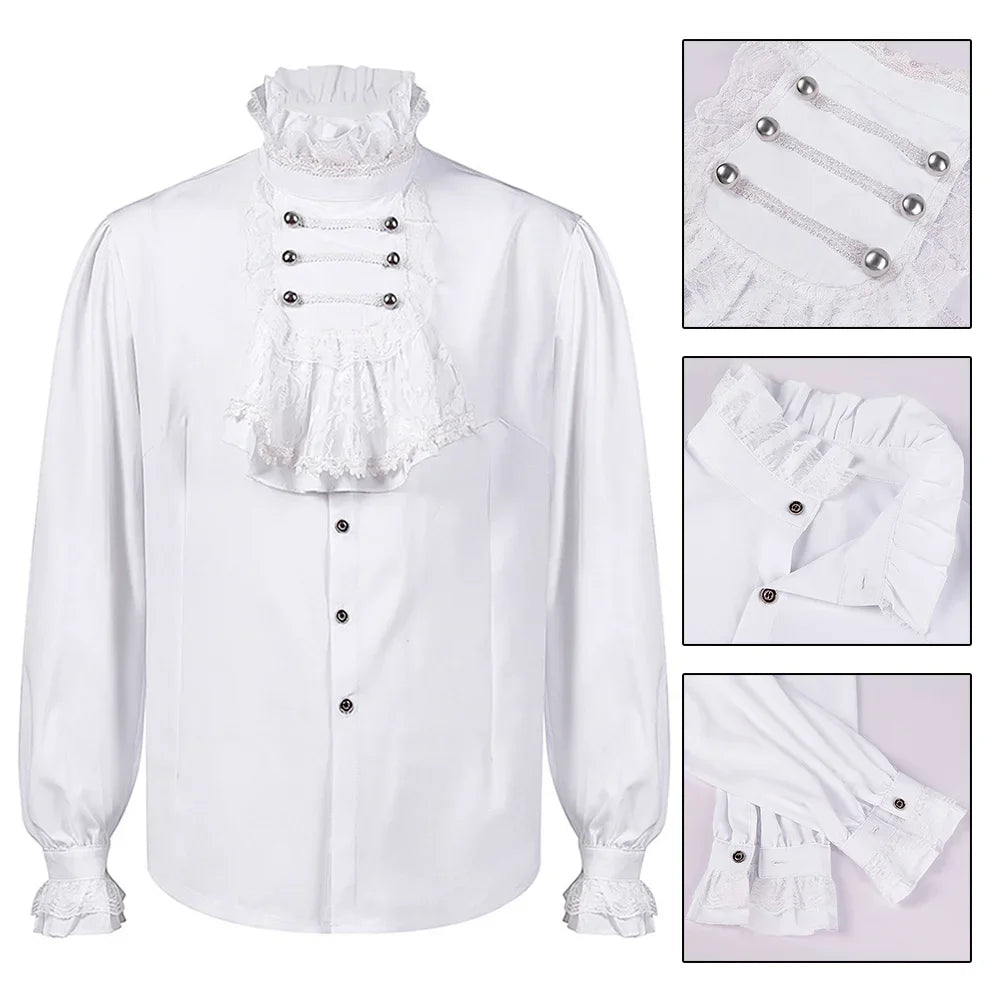 Veylora 2026 Men's Gothic White Shirts And Blouses Tops Retro Victorian Medieval Lace Ruffles Stand Collar Puff Sleeve Shirt Clothing